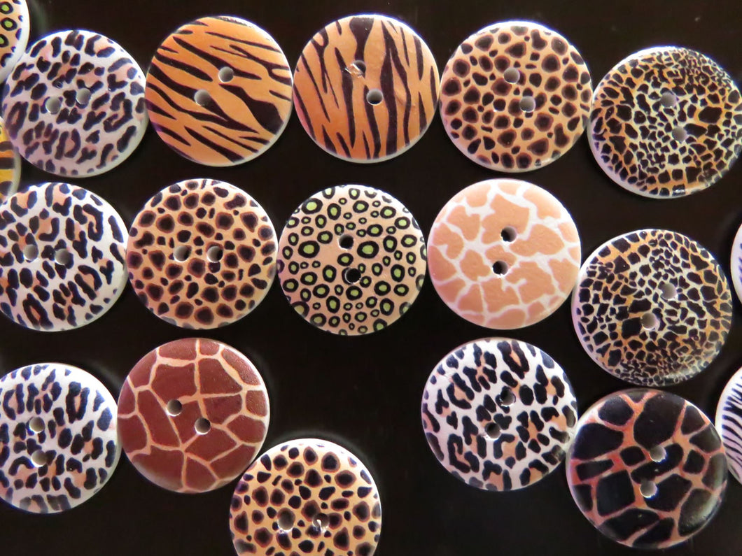 10 Safari animal skin print 25mm buttons- zebra, tiger, giraffe, leopard