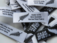 Load image into Gallery viewer, 10 Fern symbol White Made with NZ Merino wool fabric woven labels 50 x 15mm