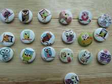 Load image into Gallery viewer, 50 Owl print 15mm buttons with white back- prints as shown in photos