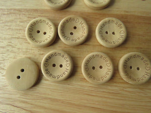 6 Larger 25mm Handmade on circumference and Hearts wood look buttons