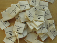 Load image into Gallery viewer, 25 Handmade with Heart cotton flag labels 20x 20mm
