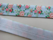Load image into Gallery viewer, 1m Peach and Pink Roses on Blue fold over elastic 15mm wide foldover FOE