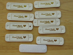 10 White PU Leather Hand Made with Love and Gold heart white labels