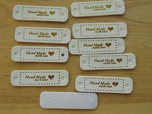 11 White PU Leather Hand Made with Love and Gold heart white labels