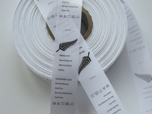 20 Fern Symbol White satin tape Washing Instructions/ Handmade New Zealand Merino Wool Labels