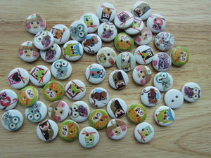 50 Owl print 15mm buttons with white back- prints as shown in photos