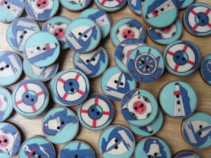 10 Mixed Nautical Prints- anchor, lifebuoy, yacht etc 25mm buttons