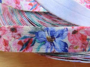 5m Blue Pink Flowers 15mm wide fold over elastic FOE foldover elastic