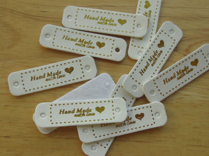 10 White PU Leather Hand Made with Love and Gold heart white labels