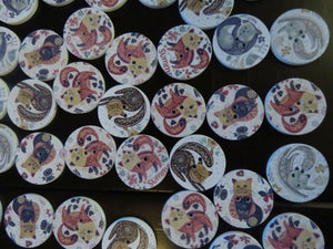 11 Large Single Cat print 25mm buttons- white back 2 holes