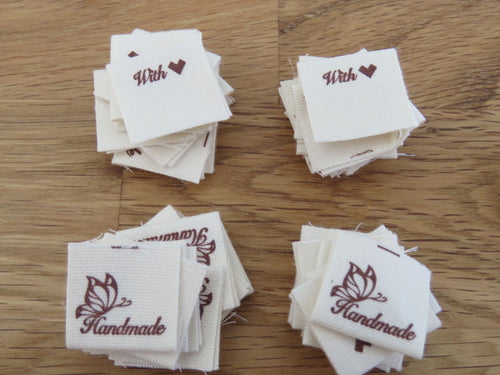 50 Butterfly Hand made  with heart (love) cotton flag labels. 2 x 2cm
