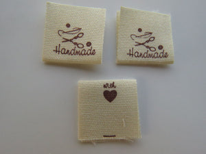 10 Handmade with scissors and needle and thread  cotton flag labels 2 x 2cm