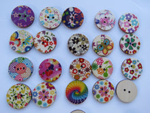 Load image into Gallery viewer, 10 x 25mm Mixed Bright Floral Mixed Print Wood Buttons- random set of 10 prints