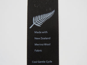 4 Black Satin washing instructions/ made with NZ Merino wool labels