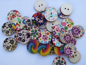 52 x 25mm Mixed Bright Floral Mixed Print Wood Buttons- random set of 10 prints