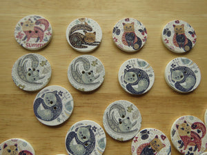 11 Large Single Cat print 25mm buttons- white back 2 holes