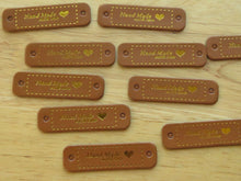 Load image into Gallery viewer, 10 Gold font Handmade with Love &amp; Heart Brown PU Leather Labels 50x 15mm