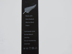 4 Black Satin washing instructions/ made with NZ Merino wool labels