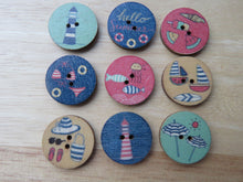 Load image into Gallery viewer, 53 Mixed Beach Print buttons- bikini, sun umbrella, lighthouse, yacht, fish etc