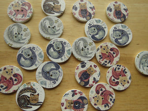 11 Large Single Cat print 25mm buttons- white back 2 holes