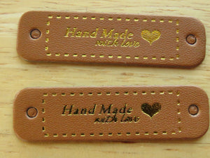 10 Gold font Handmade with Love & Heart Brown PU Leather Labels 50x 15mm