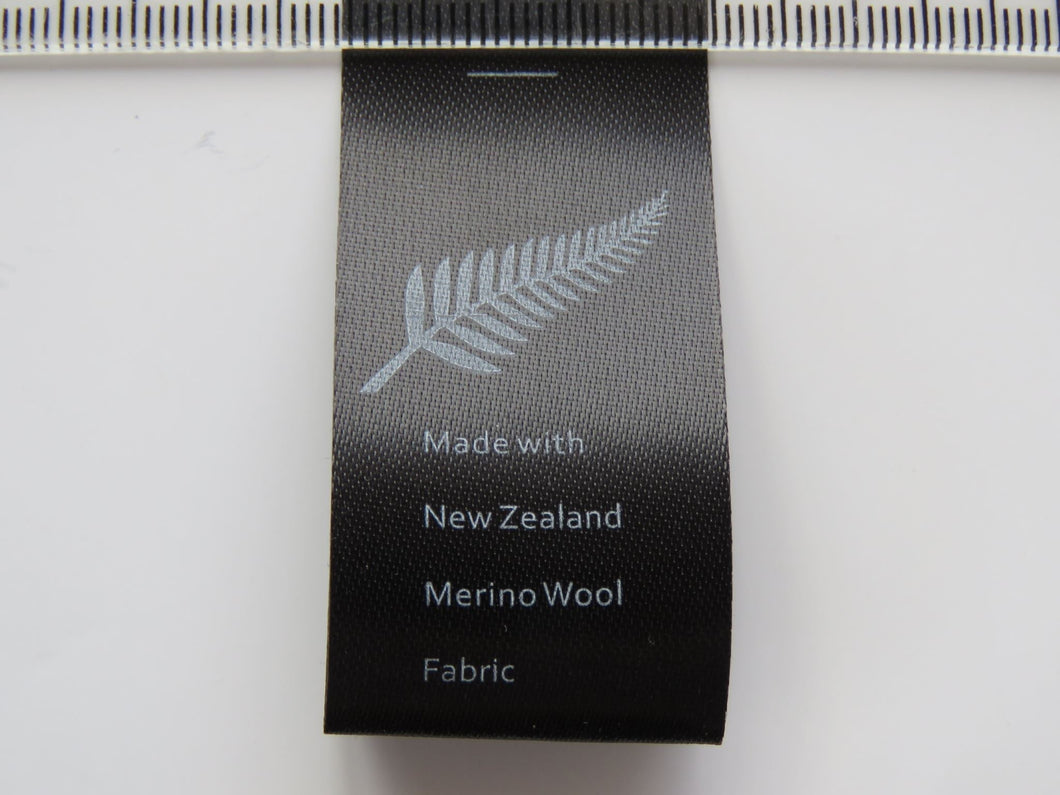 4 Black Satin washing instructions/ made with NZ Merino wool labels