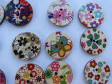 Load image into Gallery viewer, 10 x 25mm Mixed Bright Floral Mixed Print Wood Buttons- random set of 10 prints