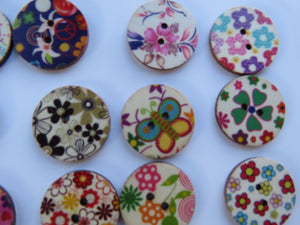 10 x 25mm Mixed Bright Floral Mixed Print Wood Buttons- random set of 10 prints