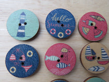 Load image into Gallery viewer, 53 Mixed Beach Print buttons- bikini, sun umbrella, lighthouse, yacht, fish etc