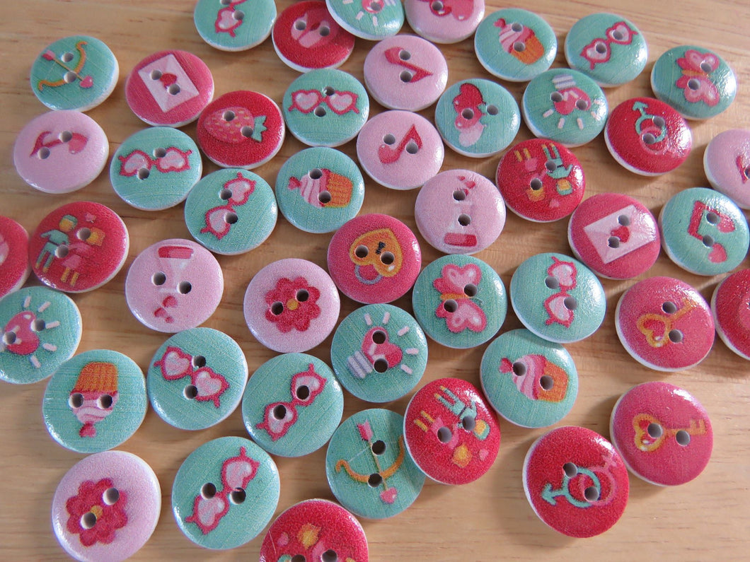 50 Green and Pink summer print buttons 15mm- butterfly, flower, cupcake etc
