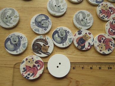 11 Large Single Cat print 25mm buttons- white back 2 holes