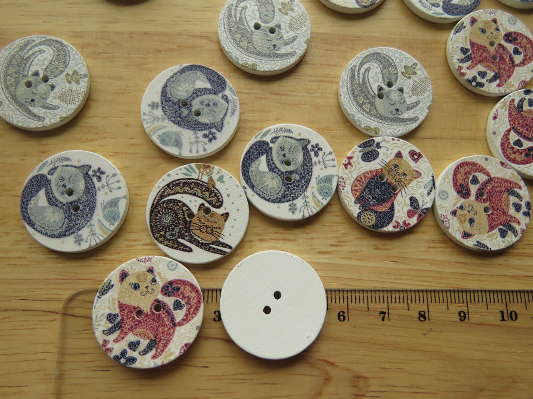 11 Large Single Cat print 25mm buttons- white back 2 holes