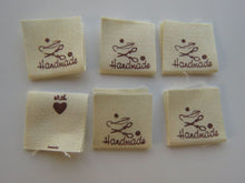 Load image into Gallery viewer, 50 Handmade with scissors and needle and thread  cotton flag labels 2 x 2cm
