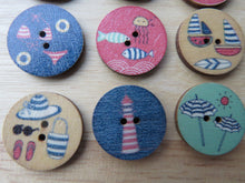 Load image into Gallery viewer, 53 Mixed Beach Print buttons- bikini, sun umbrella, lighthouse, yacht, fish etc