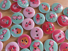 Load image into Gallery viewer, 10 Green and Pink summer print buttons 15mm- butterfly, flower, cupcake etc