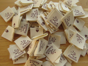 10 Handmade with scissors and needle and thread  cotton flag labels 2 x 2cm
