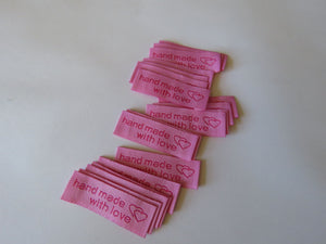 10 Pink Hand made with Love and Double Heart Labels 45x 15mm approx.