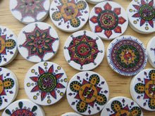 Load image into Gallery viewer, 10 Red Green Mustard Retro Vintage print with white background 25mm buttons