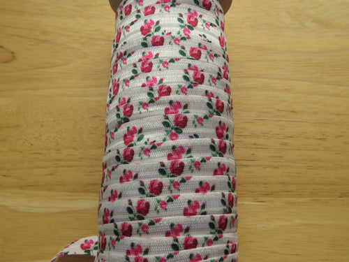 1m Pink Roses on White 15mm fold over elastic FOE foldover elastic