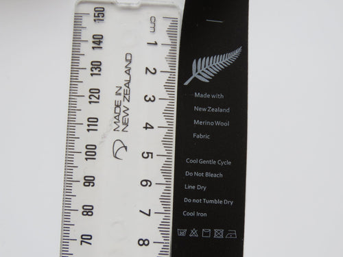 4 Black Satin washing instructions/ made with NZ Merino wool labels
