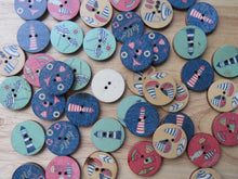 Load image into Gallery viewer, 53 Mixed Beach Print buttons- bikini, sun umbrella, lighthouse, yacht, fish etc