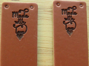 25 Brown PU Leather Made with Heart Foldable Labels 50x 20mm
