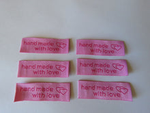 Load image into Gallery viewer, 25 Pink Hand made with Love and Double Heart Labels 45x 15mm approx.