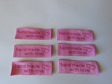 10 Pink Hand made with Love and Double Heart Labels 45x 15mm approx.