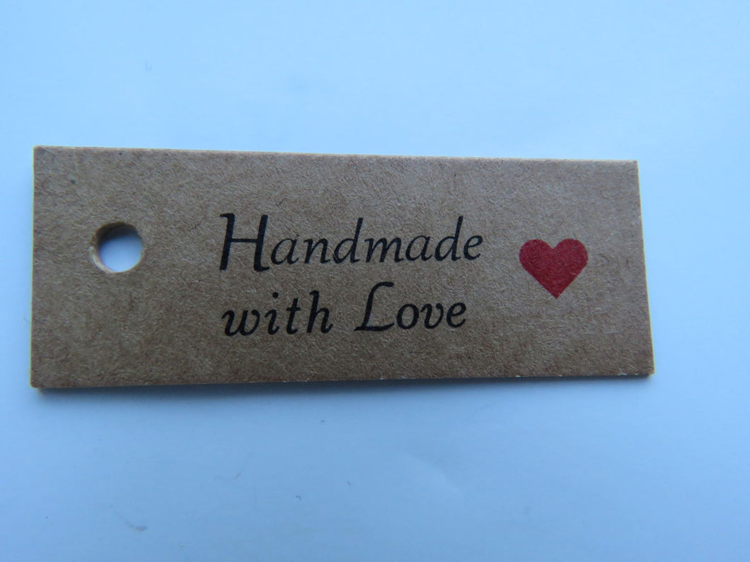 100 Handmade with Love and a red heart cardboard labels. 50x 20mm