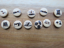 Load image into Gallery viewer, 10 x Sewing theme wood buttons- random mix of 10 buttons 15mm diameter
