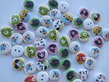 Load image into Gallery viewer, 10 Mixed print animal buttons 15mm diameter- seal, hedgehog, fish- Random 10