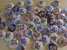 Load image into Gallery viewer, 10 White Striped Owl on branch buttons 15mm- white back
