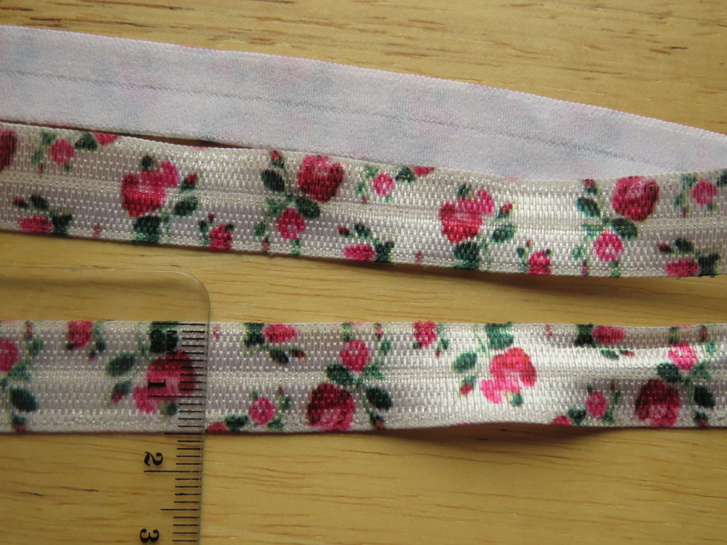 5m Pink Roses on White 15mm fold over elastic FOE foldover elastic