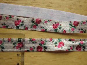 10m Pink Roses on White 15mm fold over elastic FOE foldover elastic